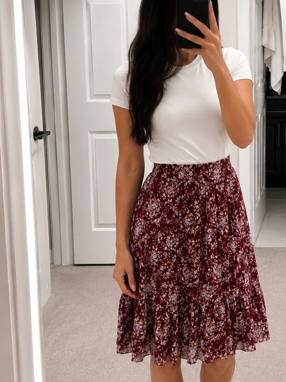 Floral A-Line Midi Skirt in Burgundy